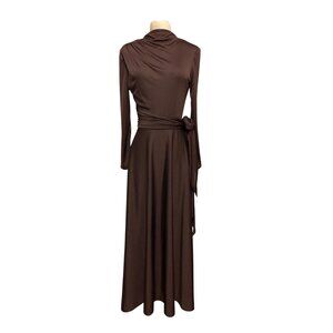 Handmade Chocolate Brown Long-Sleeve Maxi Dress With Draped Neck And Tie Waist